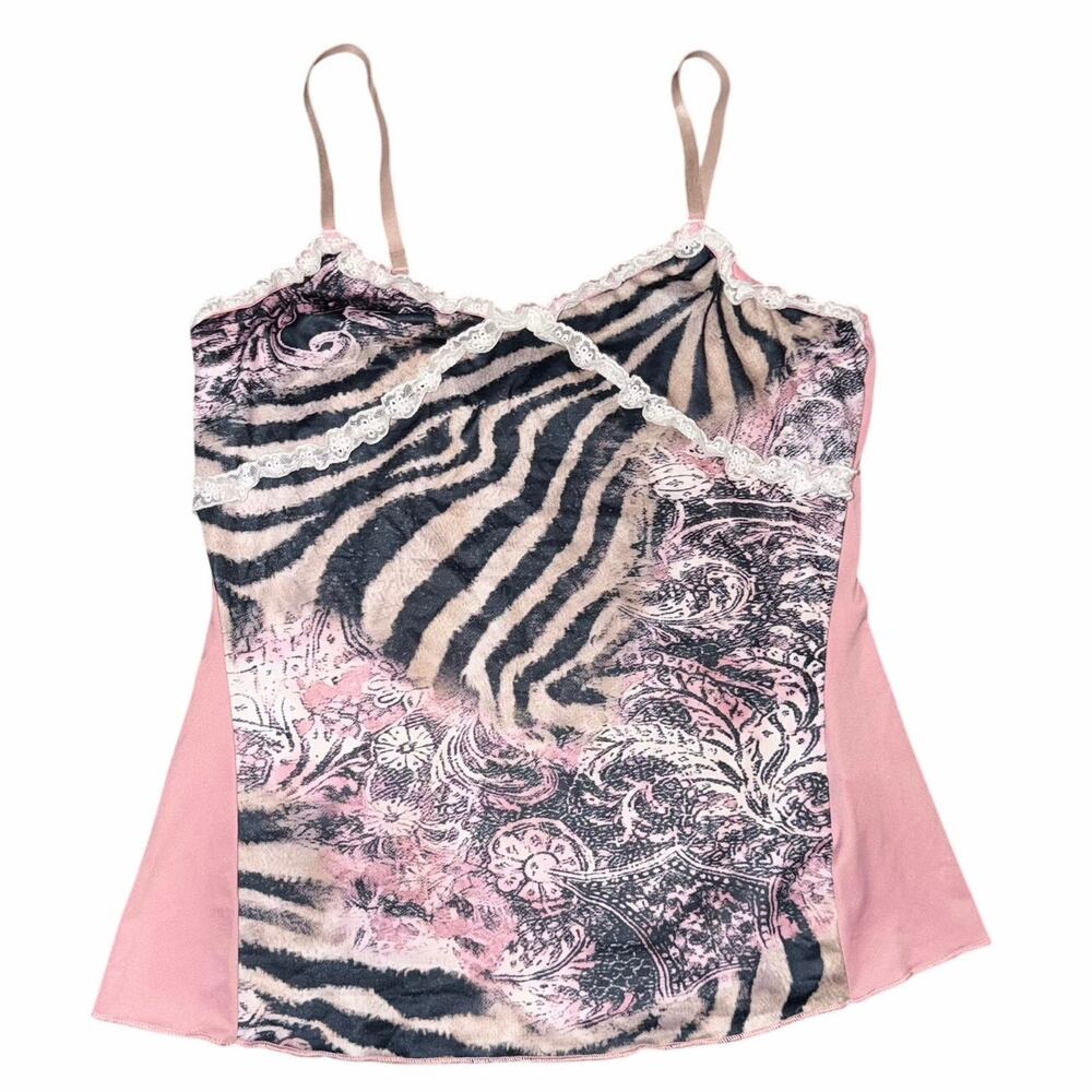 Vintage Y2K Mixed Print Lace Trim Cami Top Pink Zebra Floral Lingerie Grunge